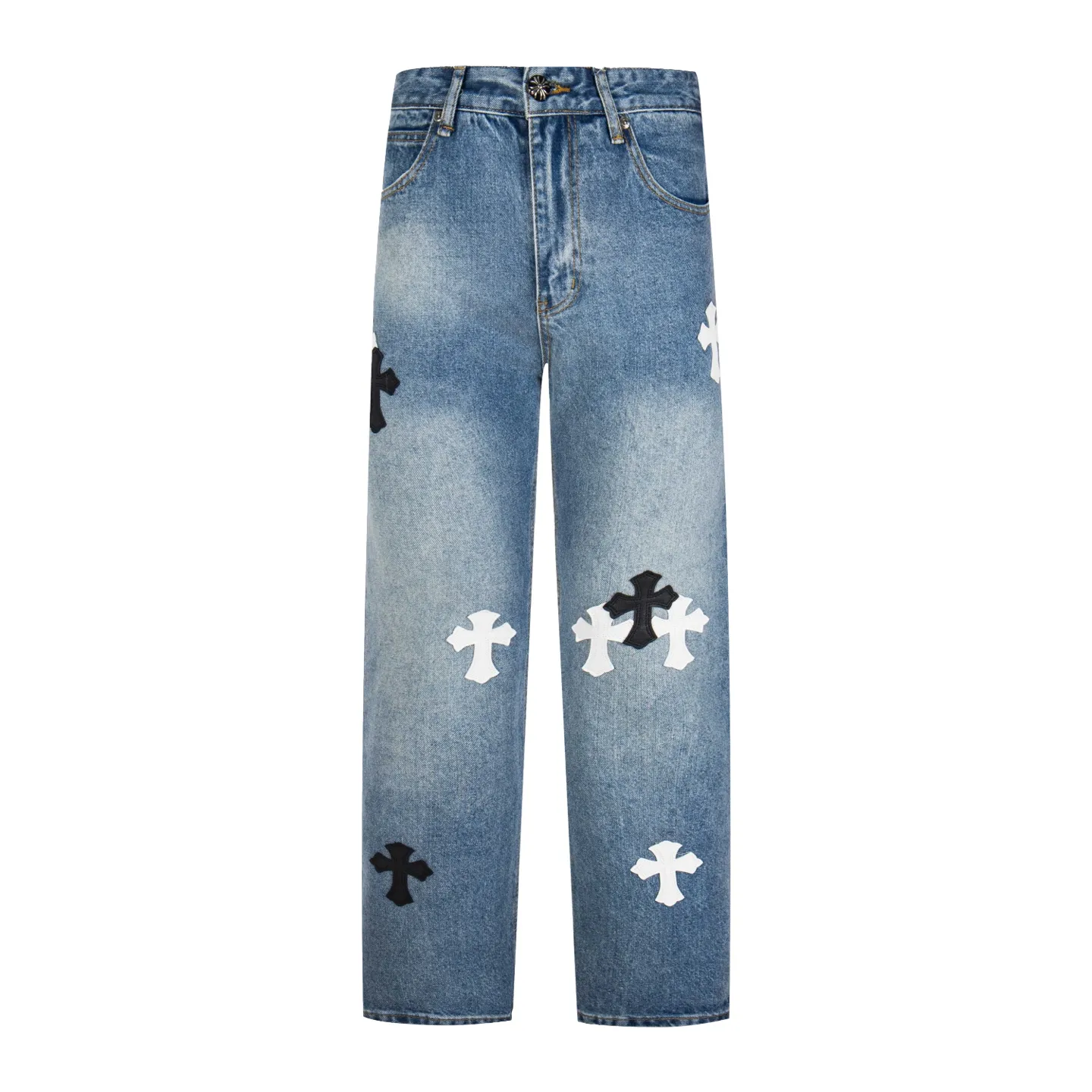 P260 Chrome Hearts light blue pants, Sanskrit black and white patchwork leather jeans. CH jeans need to be washed before being dismantled and then hand-stitched with sheepskin cross leather and then spliced ​​together. The whole piece has too many craftsmanship to explain. The patches are decorated with cross patterns, and the high-waisted washed jeans! ! Absolutely high-end luxury products, god-level single products and super popular products, made with top heavy industry, a must-see magic weapon. Customized hardware. The fabric is thick and soft after washing. It has good breathability. Customized small leather label. Unique design. The details are simple and elegant, and the workmanship is exquisite. The entire trousers are neatly routed and the details are in place! It’s so cool that both men and women can easily control the genderless trend! Style number: 1803# Color: blue Size: 28 30 32 34